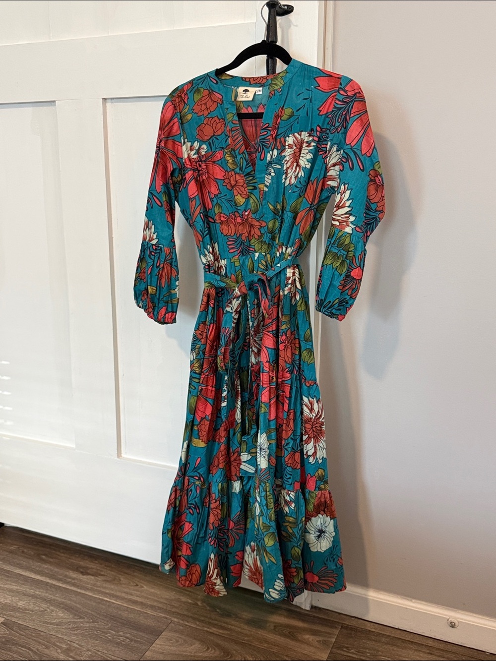 Teal Floral Tie-Waist Maxi Dress